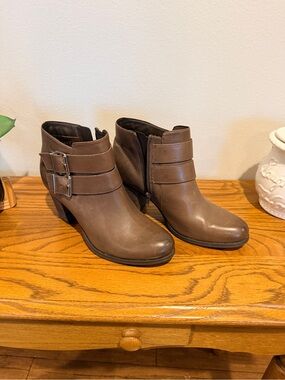 Clarks Brown Leather Ankle Booties with Buckle Straps